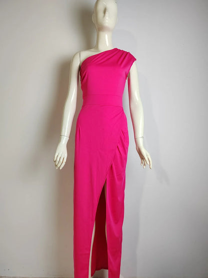Women's Fashion One-shoulder High-waisted Front Split Temperament Party Dress A-line British Style Dresses