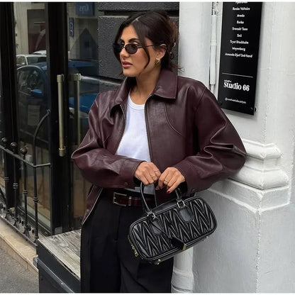 Retro Wine Red Pu Leather Short Jacket Women Chic Lapel Collar Zipper Button Loose Overcoats Autumn Ladies High Street Outerwear