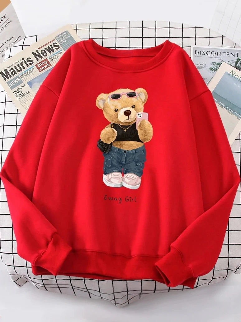 Street Teddy Bear Selfie Girls Funny Sweatshirt Women's Fashion Hoodies Crew Neck Hoodies Fashion Pullovers Women Clothing Y2K