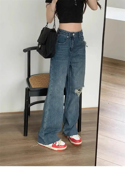Vintage High-Waisted Wide-Leg Jeans Women's Spring New Loose-Fit Slimming Plus Size Pear-Shaped Body Straight-Leg Pants