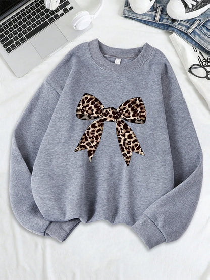 Bow Leopard Printing Sweatshirts Womens Crewneck Basics Hoodies Loose Fleece Warm Clothes Autumn Winter Sporty Woman Pullover