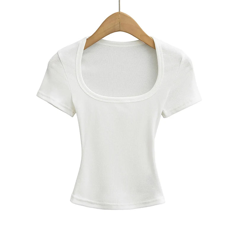 Summer square neck high elasticity crop top women's short sleeved sexy top slim fit pullover base shirt