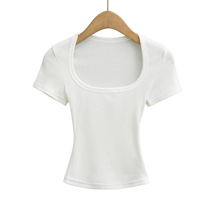 Summer square neck high elasticity crop top women's short sleeved sexy top slim fit pullover base shirt
