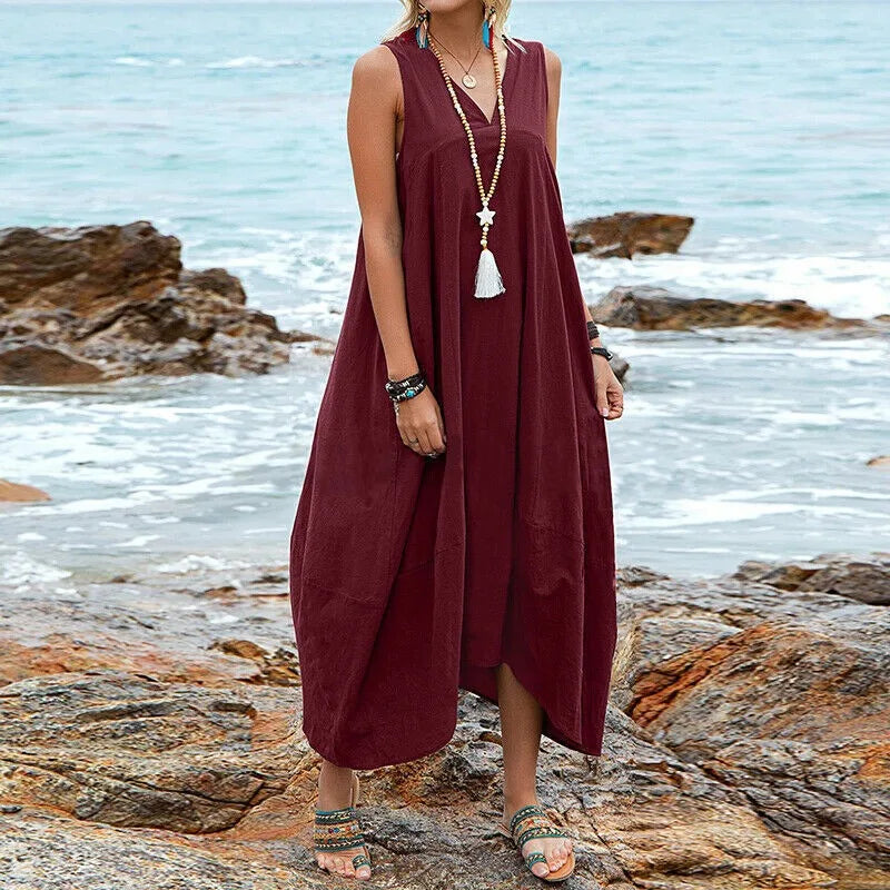 Loose Women's Dress Elegant Summer Solid Color Beach Dress Cotton Linen V-neck Pocket Dress Casual Temperament Party Dress