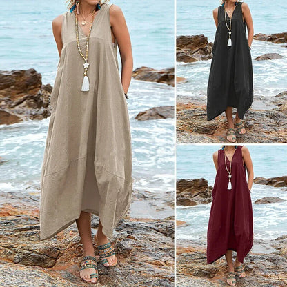 Loose Women's Dress Elegant Summer Solid Color Beach Dress Cotton Linen V-neck Pocket Dress Casual Temperament Party Dress