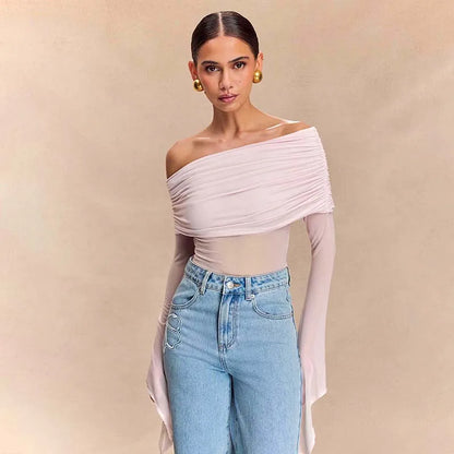 Off Shoulder Autumn Female's T-Shirt Solid Color Asymmetric Slash Neck Patchwork Women's Top Sexy Long Sleeve T-Shirt For Lady