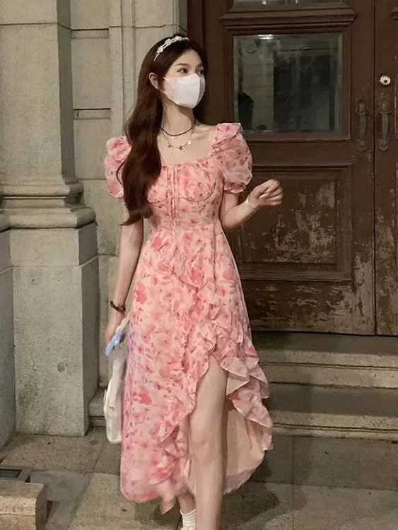 Pink Sweetpuff Sleeveless Dress Women's Korean Summer Seaside Vacation Short Sleeves Pure Desire A- line Skirt