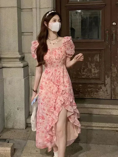 Pink Sweetpuff Sleeveless Dress Women's Korean Summer Seaside Vacation Short Sleeves Pure Desire A- line Skirt