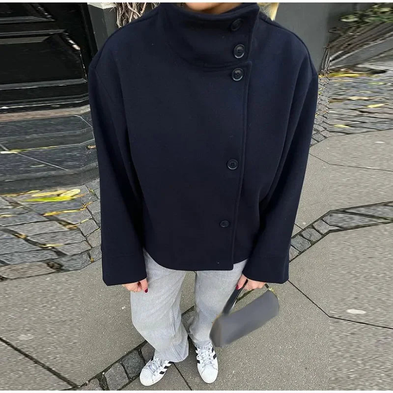 Stand Collar Women Winter Woolen Coats Single Breasted Loose Female Long Sleeve Jacket  Autumn Office Lady Street Short Coat