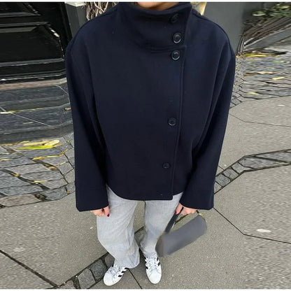 Stand Collar Women Winter Woolen Coats Single Breasted Loose Female Long Sleeve Jacket  Autumn Office Lady Street Short Coat