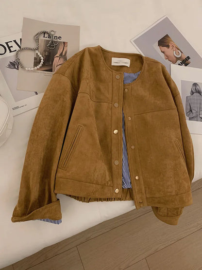 Suede Short Jacket Women Korean Camel Fashion Long Sleeve Flight Suit Harajuku Single Breasted Loose Tops Female Vintage Coats