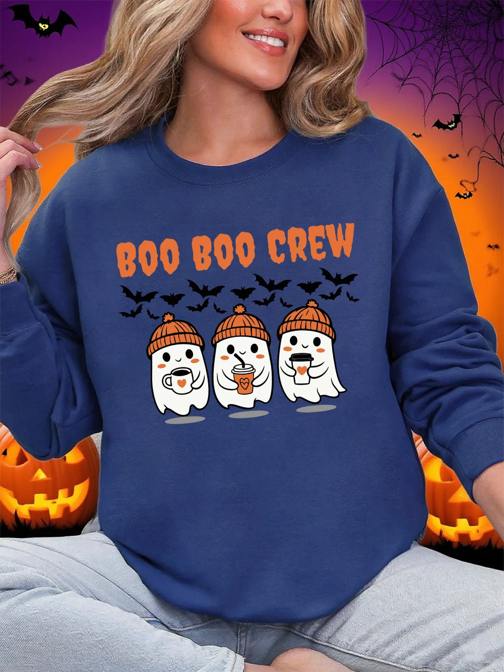 Boo Boo Crew Ghost Prints Halloween Sweatshirt Women Winter Fleece Warm Hoodies Crewneck Loose Pullovers Casual Soft Clothes