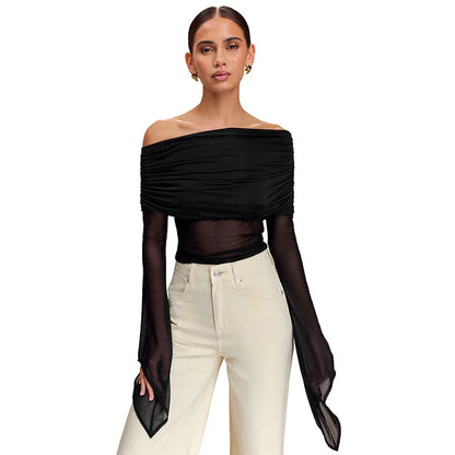 Off Shoulder Autumn Female's T-Shirt Solid Color Asymmetric Slash Neck Patchwork Women's Top Sexy Long Sleeve T-Shirt For Lady