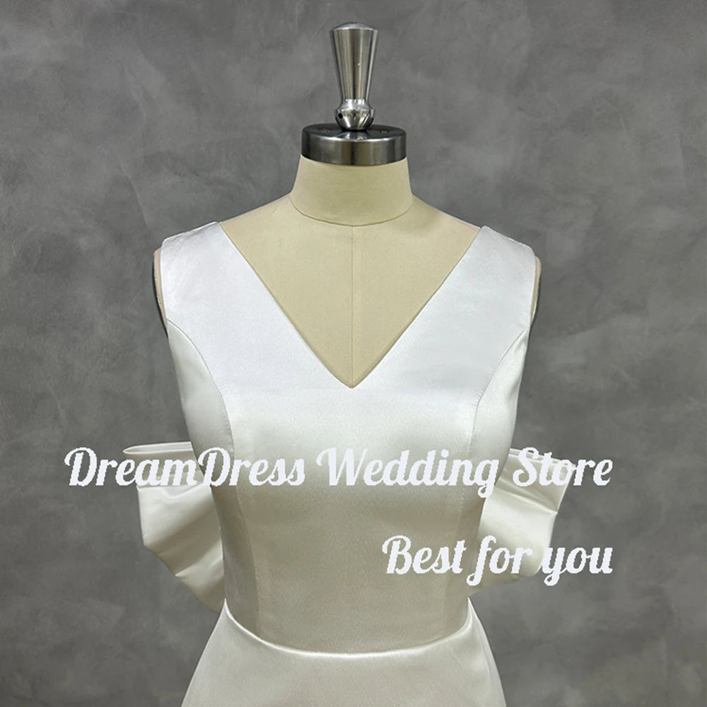 DREAM Customized Short Mini Satin V Neck Bridal Gown Large Bow Open Back Sleeveless Above Knee Length Wedding Party Dress 2025
