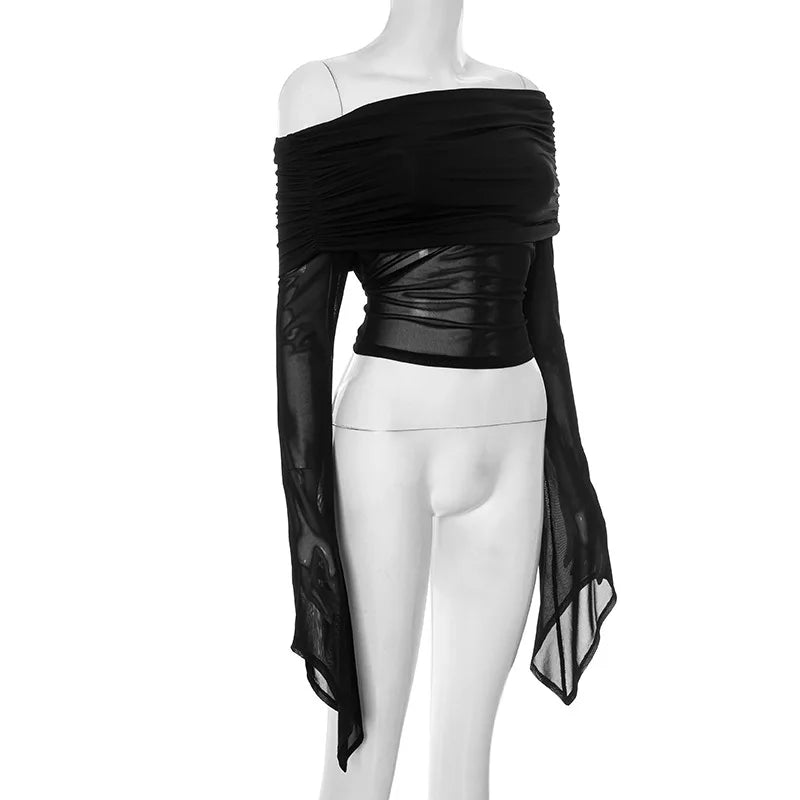 Off Shoulder Autumn Female's T-Shirt Solid Color Asymmetric Slash Neck Patchwork Women's Top Sexy Long Sleeve T-Shirt For Lady