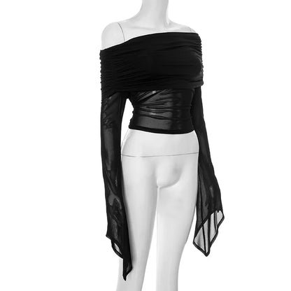 Off Shoulder Autumn Female's T-Shirt Solid Color Asymmetric Slash Neck Patchwork Women's Top Sexy Long Sleeve T-Shirt For Lady