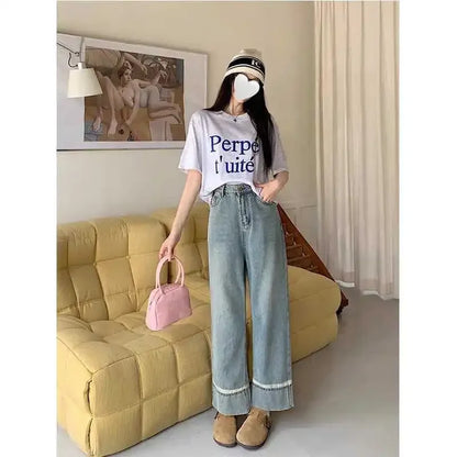 High Waist Straight Leg Jeans Women's plus Size Body Slimming Nine Points Wide Leg Pants Fat Sister MM Fashionable Clothing