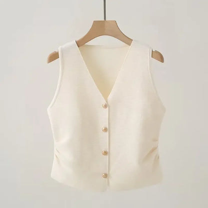 Womens Gold Button Front Vest V-Neck Ruched Waist Sleeveless Knit Jacket Casual Chic Spring Summer 2025 Trendy Outfit