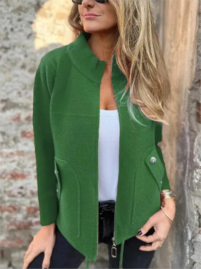 New Casual Zipper Cardigan Wool Jacket For Women's 2025 New Fashion Stand Collar Tether Pocket Loose Versatile Female Wool Coat