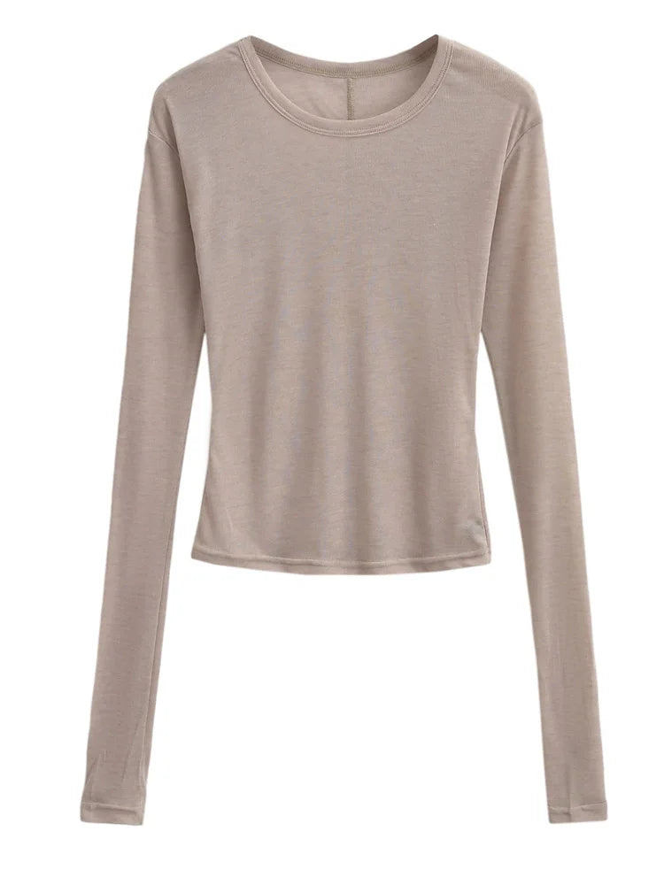 Women Crew Neck Fitted Long Sleeve Semi Sheer T-shirt