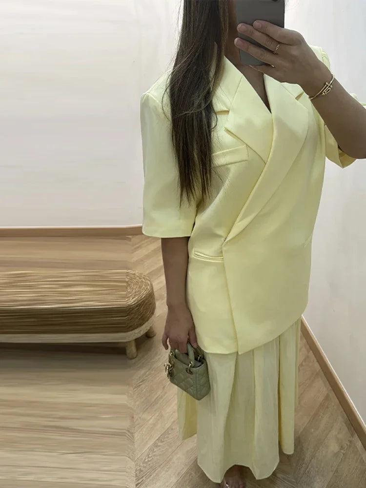 Fashion Lapel Suit Jacket Women Casual Loose Short Sleeve Office Lady Coat 2025 New Chic Autumn Single Button Oversize Jacket