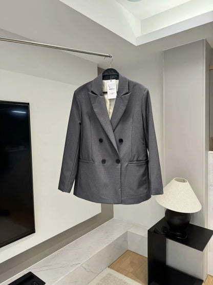 ETJ 2025 TRAF Women's Spring New suit Set with shoulder padded double-breasted blazer & high-waisted pleated wide-legged pants