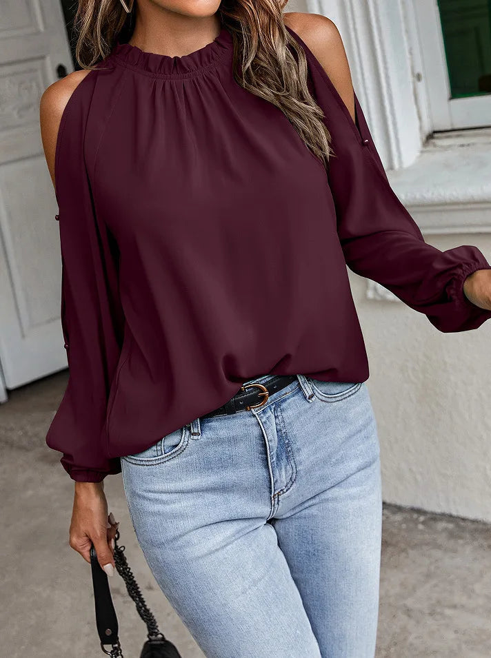 Fashion lotus leaf pleat semi high neck off shoulder hollowed out long sleeved top spring autumn women's elegant temperament top