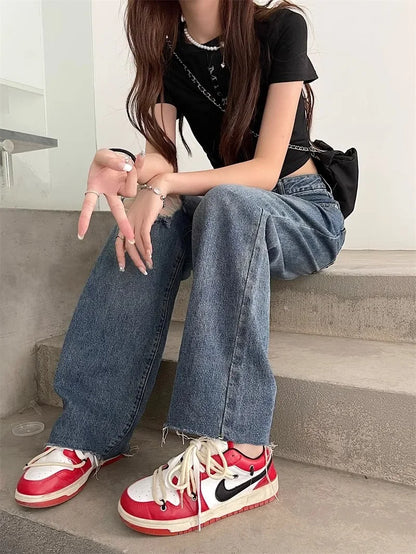 Vintage High-Waisted Wide-Leg Jeans Women's Spring New Loose-Fit Slimming Plus Size Pear-Shaped Body Straight-Leg Pants