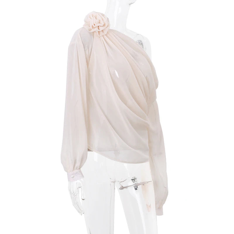 Candyhot Irregular Sexy Off Shoulder Oblique-neck Flower Applique T Shirt French Fashion Long Sleeve Crop Tops Chic Mesh Camis