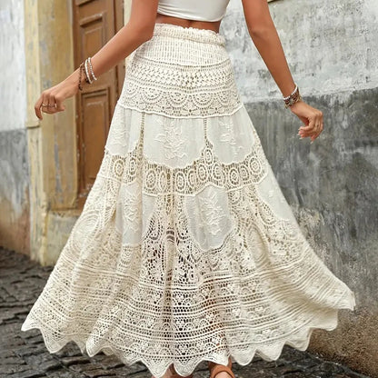 Boring Honey French Retro Classical Skirts Hollow Out Knitting Big Swing Skirt Summer New Fashion All-Match High Waist Dress
