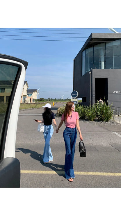 High Waist Bell Bot Jeans Women's Slim Fit Versatile Long Pants Summer Chic Vintage Denim Blue High Waist Long Leggings