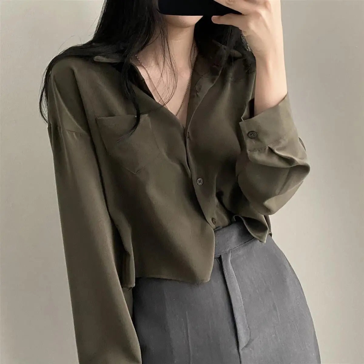 Simple Single Breasted Loose Casual Solid Long Sleeved Shirt And Blouse Office Lady Trend Short Top Simple Elegant White Clothes