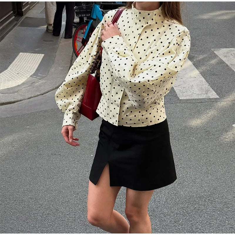 Polka Dot Print Round Neck Short Coats Women's High Street Blazer Long Sleeve Jackets 2025 Elegant Office Ladies Suit Outerwear