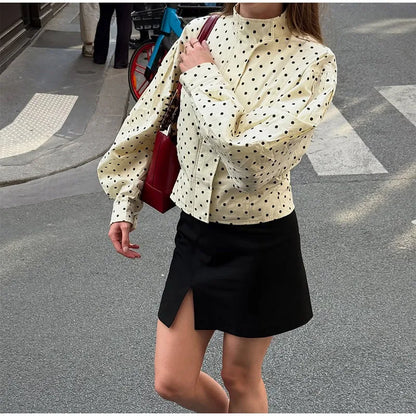 Polka Dot Print Round Neck Short Coats Women's High Street Blazer Long Sleeve Jackets 2025 Elegant Office Ladies Suit Outerwear