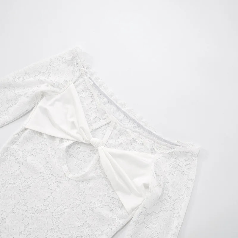 Lace-Trimmed Autumn Women's T-Shirt Off-Shoulder Hollow Out Contrast Panels Crop Top For Female Sexy Cropped Lady's Clothing