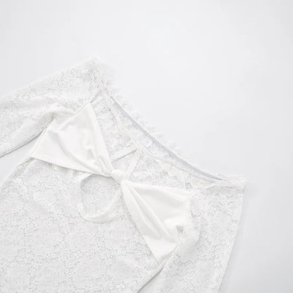 Lace-Trimmed Autumn Women's T-Shirt Off-Shoulder Hollow Out Contrast Panels Crop Top For Female Sexy Cropped Lady's Clothing