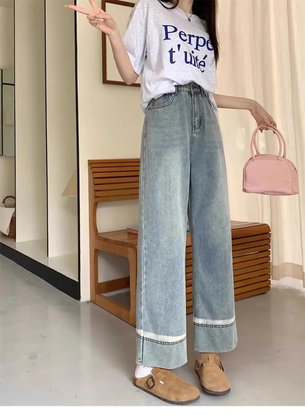 High Waist Straight Leg Jeans Women's plus Size Body Slimming Nine Points Wide Leg Pants Fat Sister MM Fashionable Clothing