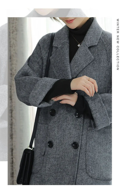 New Elegant Women Mid-length Woolen Coats Office Lady Autumn Winter Korean Loose Warm Thick Wool Blend Jackets Female Outerwear