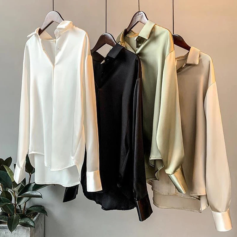 Elegant Black White Shirt Women Spring Autumn Long Sleeve Silk Satin Blouses For Women Fashion Turn Down Collar Button Shirt