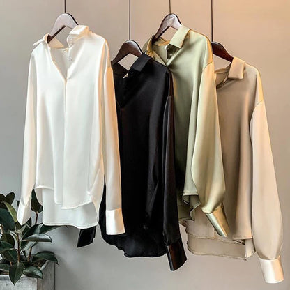 Elegant Black White Shirt Women Spring Autumn Long Sleeve Silk Satin Blouses For Women Fashion Turn Down Collar Button Shirt