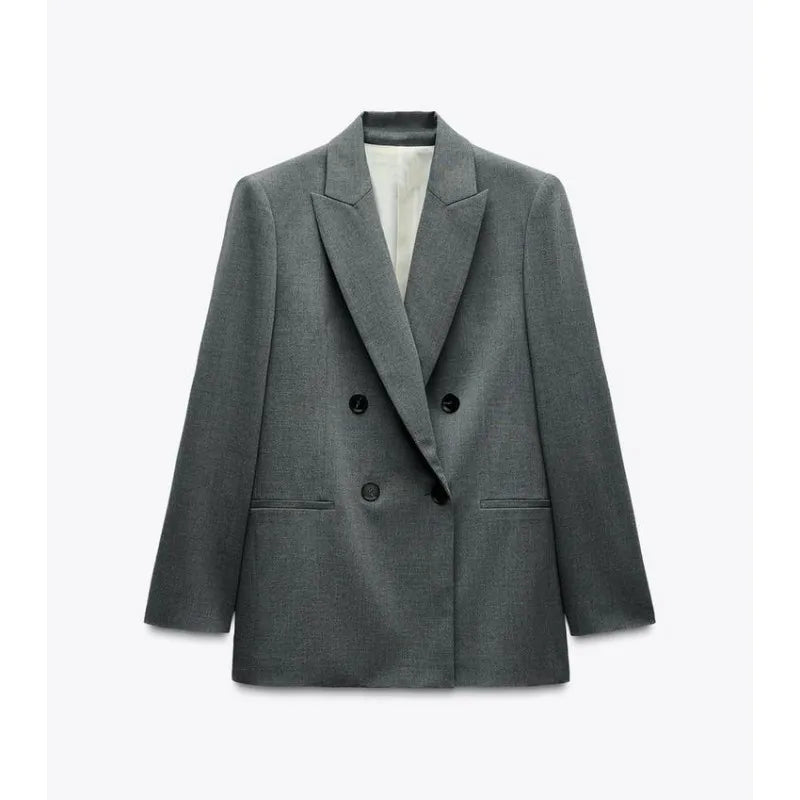 ETJ 2025 TRAF Women's Spring New suit Set with shoulder padded double-breasted blazer & high-waisted pleated wide-legged pants