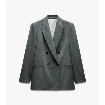 ETJ 2025 TRAF Women's Spring New suit Set with shoulder padded double-breasted blazer & high-waisted pleated wide-legged pants