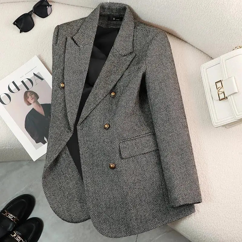 Women's Autumn Winter Long Sleeve Blazer Coats Vintage Thick Woolen Jackets Notched Elegant Outerwears Female Clothes