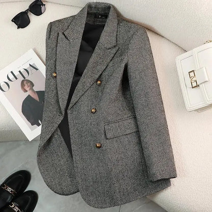 Women's Autumn Winter Long Sleeve Blazer Coats Vintage Thick Woolen Jackets Notched Elegant Outerwears Female Clothes