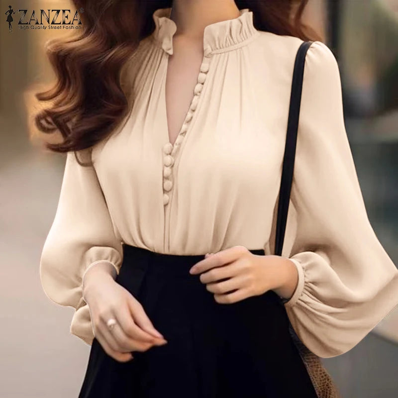 ZANZEA Fashion Lantern Long Sleeve Tops Elegant Shirt 2024 Casual Loose V-neck Bottun Simple Vintage Stand Collar Office Blouse
