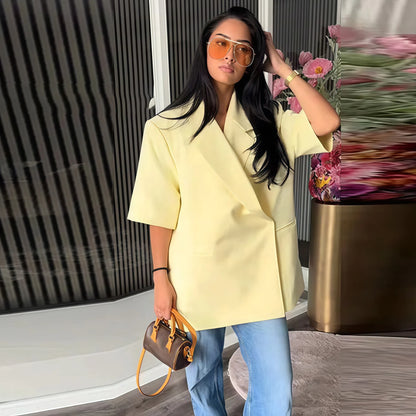 Women's Suit Jackets Loose Lapel One Button Short Sleeve Blazers 2025 Summer Elegant Lady Office Outwear Street