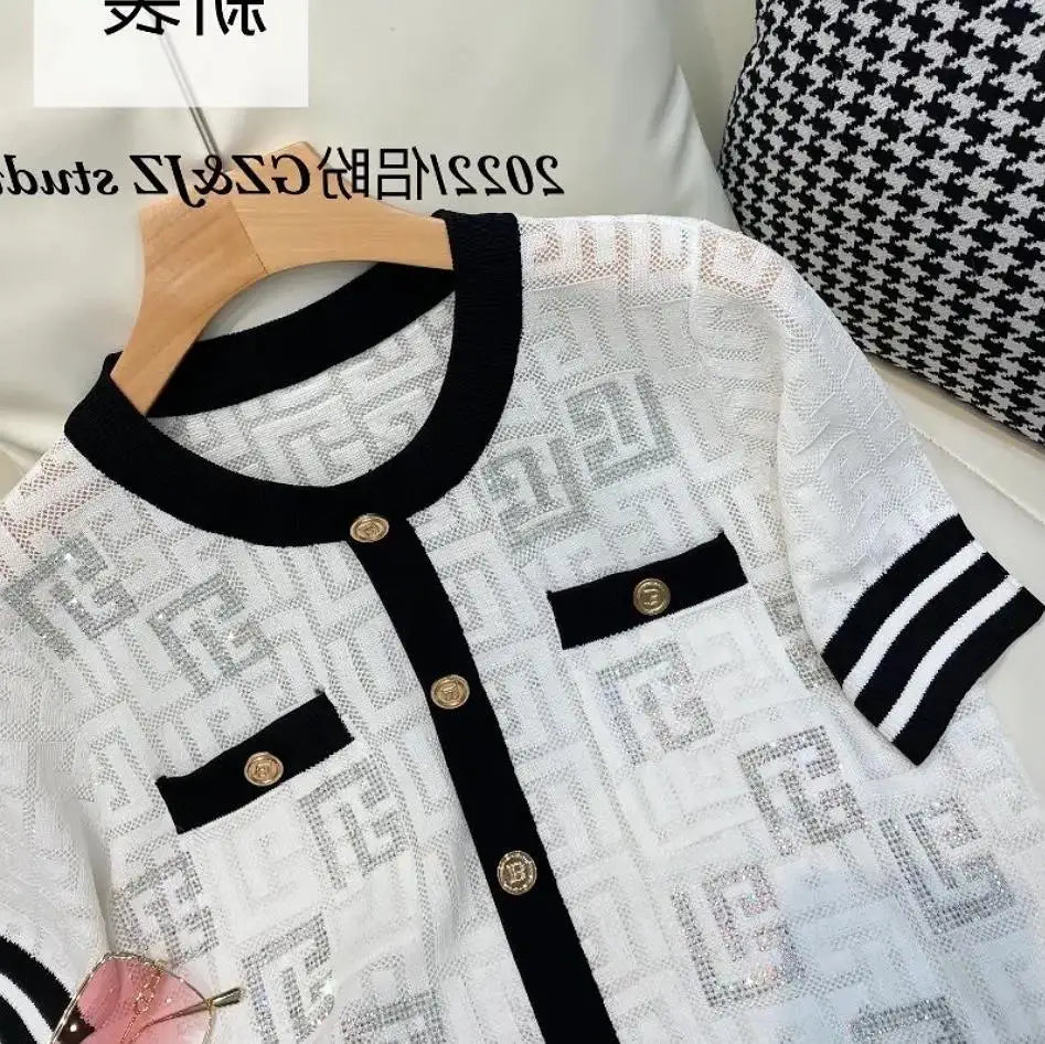 Ice Silk Knitted Sweater Cardigan Women's 2025 Summer New Short-sleeved Hollow Out Korean Style Office Lady Chic Top