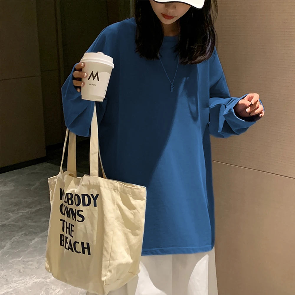 Cotton Spring New Long sleeve T-Shirt Women Basic Tee Shirt Oversize T Shirt Women Casual O-neck Women Tshirt US size