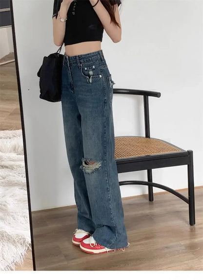 Vintage High-Waisted Wide-Leg Jeans Women's Spring New Loose-Fit Slimming Plus Size Pear-Shaped Body Straight-Leg Pants