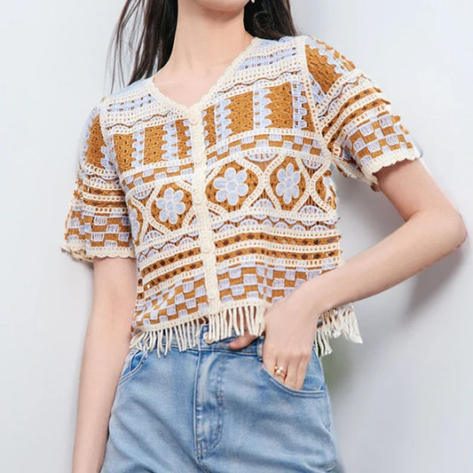 Floral Crochet Top Collared Button-up Short Sleeve Fringed Crop Knit Top Cardigan for Women Teengirl Fairycore Boho Outfit